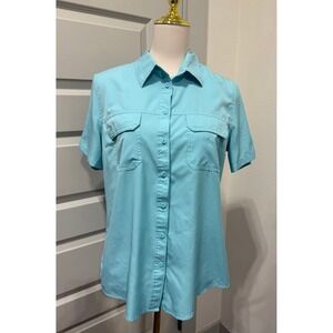 Blue Mountain Button Up Short Sleeve Shirt Pockets Collared Aqua M